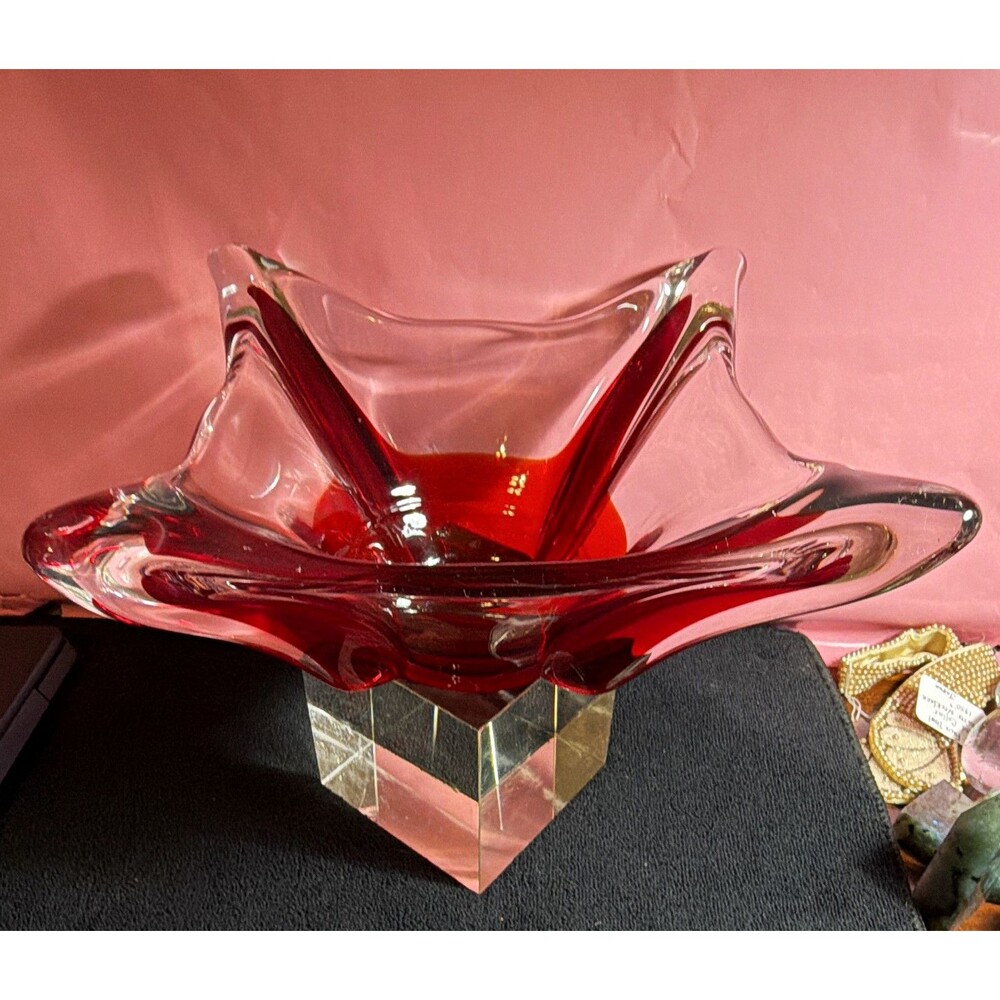Vintage Murano Sommerso Art Glass Bowl Red & Clear Pulled Ribbon Star 1960’s